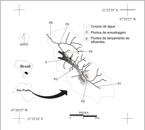 Figura  1.  Localização  da  bacia  do  córrego  São  Simão  e  pontos  de  amostragem