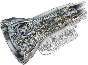 Figure 1.6: Automatic transmission system. The torque converter can be seen in the left, and the planetary gears can be observed in the middle [4].