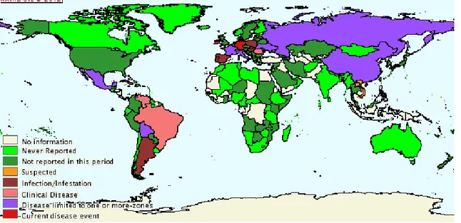 Figura 1 - Mapa da distribuição da DA no período de jan-dez de 2010 (WAHID, 2012) 