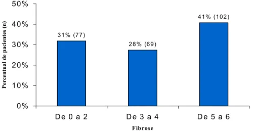 Fig. 4. Distribuição dos pacientes portadores de hepatite C crônica por estádios agrupados de fibrose hepática.