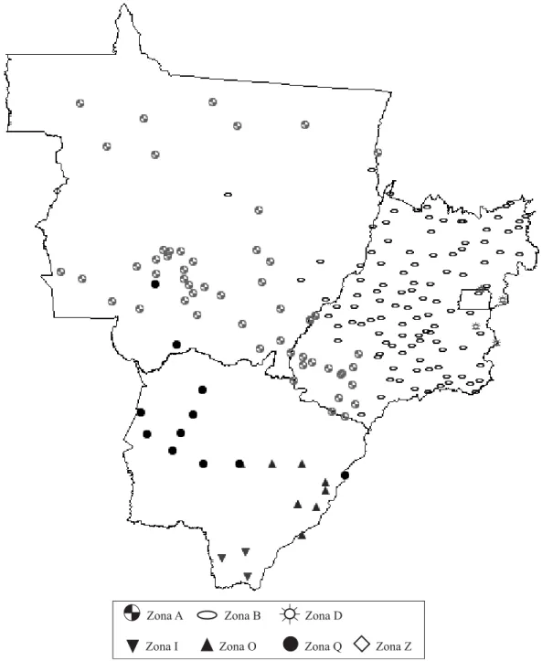 Figura 8. Distribuição espacial dos pontos de observação pluviométrica na Região Centro-Oeste, segundo as zonas homogêneas.