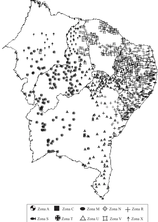 Figura 5. Distribuição espacial pontos de observação pluviométrica na Região Nordeste, segundo as zonas homogêneas.