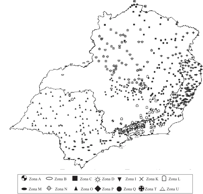 Figura 6. Distribuição espacial dos pontos de observação pluviométrica na Região Sudeste, segundo as zonas homogêneas.