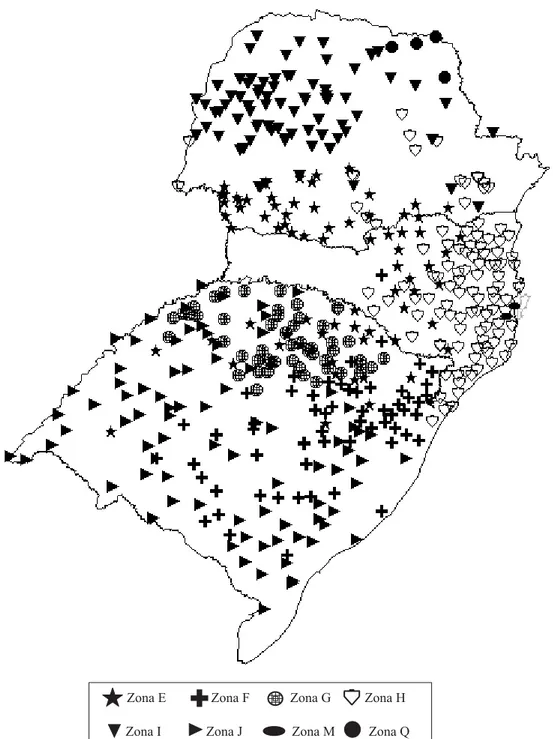 Figura 7. Distribuição espacial dos pontos de observação pluviométrica na Região Sul, segundo as zonas homogêneas.