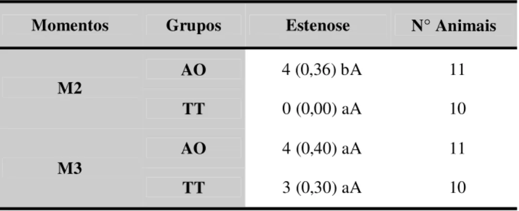 TABELA 2 – Frequência de resposta da variável estenose, segundo grupos e momentos de avaliação.