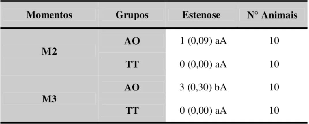 TABELA 3 – Frequência de resposta da variável fístula, segundo grupos e momentos de avaliação.