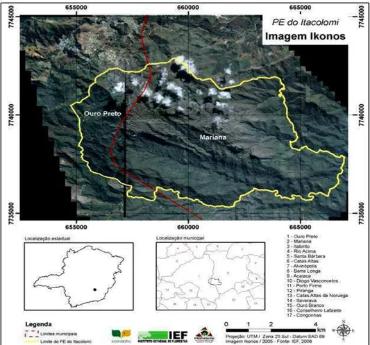 Figura 2 – Imagem de satélite IKONOS ilustrando os limites do Parque Estadual do  Itacolomi (Fonte: Plano de Manejo, IEF-MG, 2007)
