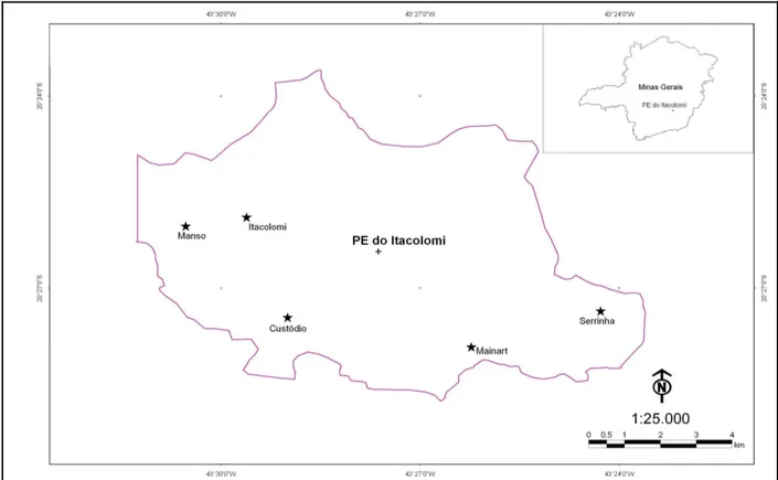 Figura 18 - Mapa evidenciando as áreas de coleta de dados sobre a mastofauna dentro do  Parque Estadual do Itacolomi (Fonte: Plano de Manejo, IEF-MG, 2007) 