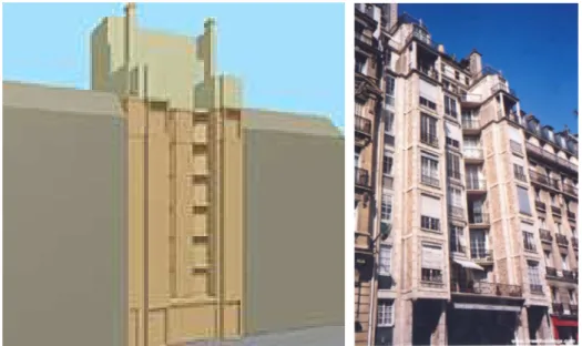 FIGURA 1 e 2 – Modelo 3D, Rue Franklin Apartments. Observa-se a sua relação com o entorno  construído - volume, alinhamento e gabarito
