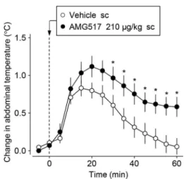 Figure 2. Systemic administration of a TRPV1 antagonist induces hyperthermia. The ﬁ gure shows that subcutaneous injection of AMG517 (210 mg/kg, sc) increases the abdominal temperature of young mice maintained at 28°C