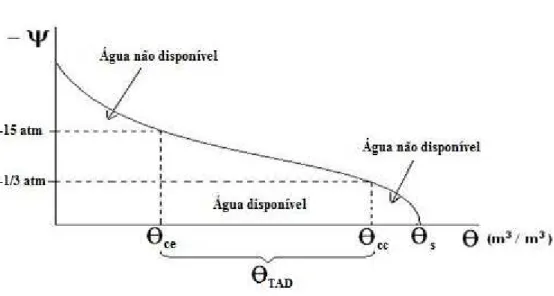 Figura  2.3  –  Retenção  de  água  no  solo  versus  potencial  mátrico.  TAD  –  teor  de  água  disponível  na  zona  radicular  do  solo  (mm);  θCC  –  Teor  de  água  na  capacidade  de  campo (m 3 /m 3 ); θ CE   –  Teor de água no coeficiente de emu