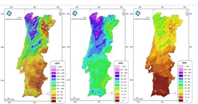 Figura  2.6  –  Valores  médios  no  período  1961-90  da  precipitação  média  anual  em  Portugal  Continental  (esquerda),  precipitação  no  Inverno  (centro)  e  precipitação  no  Verão (direita) (IM, 2005)