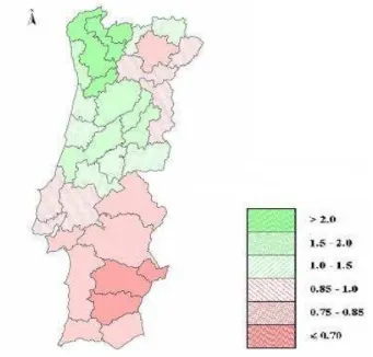 Figura  2.7  –  Relação  precipitação/  evapotranspiração  potencial  em  Portugal  Continental (Leal, 1995, adaptado por Instituto da Água, 2004)