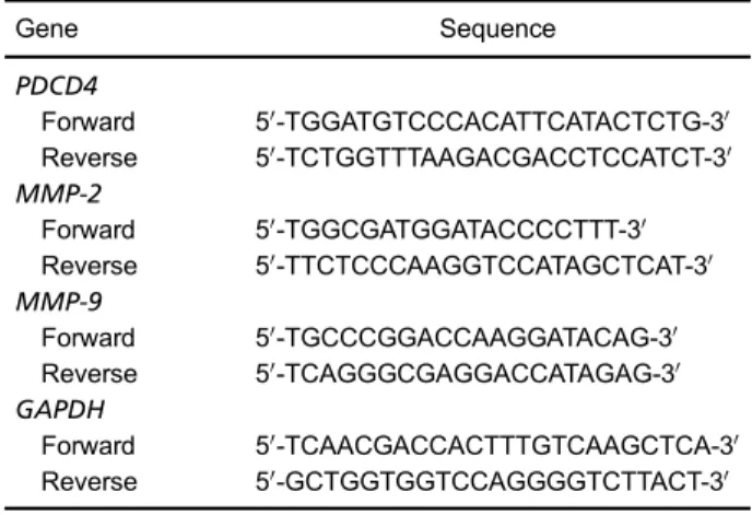 Table 1. Primer sequences of programmed cell death 4 (PDCD4), matrix metalloproteinase-2 (MMP-2), and matrix  metalloprotei-nase-9 (MMP-9)