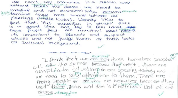 Figure 3: sample of two students’ written comments on the condition of the homeless. 