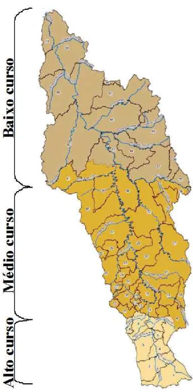 FIGURA 4.1: Divisão em trechos da bacia do rio das Velhas (Fonte: Adaptado de IGAM,  2007)