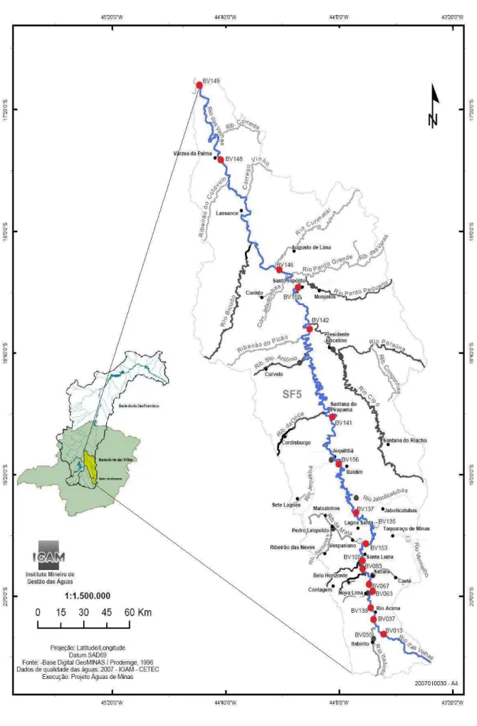 FIGURA 4.3: Representação das estações de monitoramento na bacia do rio das Velhas  abordadas neste estudo (Fonte: adaptado de IGAM, 2007)