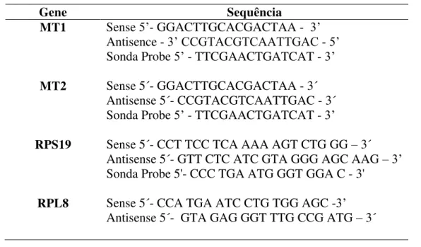 Tabela 4: Sequência dos oligonucleotídeos utilizados na técnica de PCR quantitativo  para avaliar a expressão gênica relativa