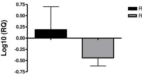 Figura 6: Expressão do gene MT1 nos tumores de mama de cadelas RE+ e RE- em  relação ao tecido normal (representada como zero)