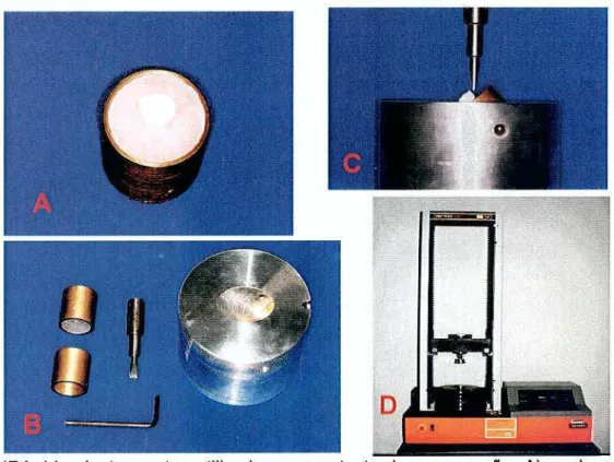 FIGURA  11  ｾ＠ Instrumentos utilizados  para  o  teste de compressão:  A)  anel  em  cobre com  o dente montado;  B)  dispositivos confeccionados para  o ensaio; C) aplicação da força com inclinação de 45°;  D) máquina  de ensaio INSTRON 4331 