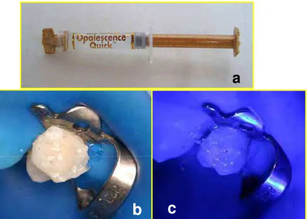FIGURA 6 – Peróxido de carbamida: a) Peróxido de carbamida utilizado; b) Gel  de peróxido de carbamida sobre o dente; c) Peróxido de carbamida  sendo fotoativado com LED