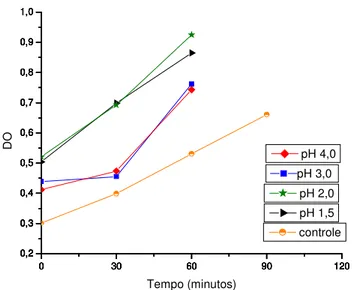 Figura 2. Perfil de crescimento do Lactobacillus helveticus ssp jugurti 416 frente a diferentes pH.