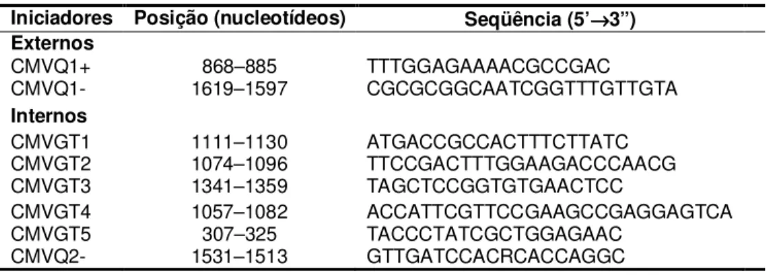 Tabela  2  –  Primers  (iniciadores)  usados  na  primeira  etapa  da  amplificação  (iniciadores externos) e na segunda etapa da amplificação (iniciadores internos)