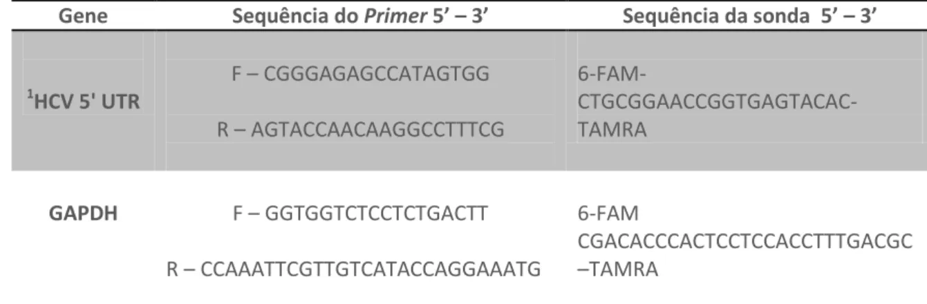 Tabela  1.  Primers  e  sondas  usados  na  amplificação  e  detecção  da  região  5’UTR do HCV e do gene endógeno GAPDH em ensaio de qPCR