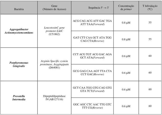 Tabela 1 - Sequência dos primers usados em PCR em Tempo Real para as três bactérias  (Aggregatibacter  actinomycetemcomitans,  Porphyromonas  gingivalis  e  Prevotella  intermédia) 