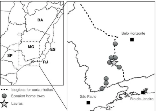 Figure 4.2: Map of the isogloss for coda rhotics in Minas Gerais, origin of recorded speakers, and the recording location, Lavras