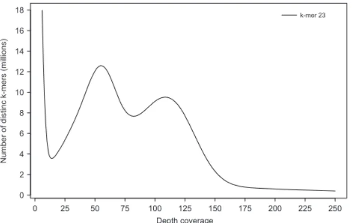 Figure 2. K-mer distribution used for the estimation of genome size. The distribution was determined with Jellyﬁsh using a k-mer size of 23.