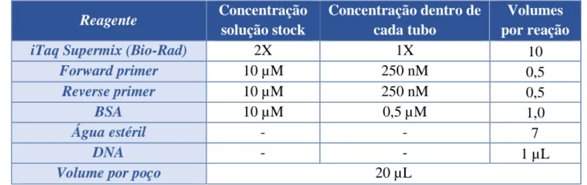 Tabela 10. Reagentes utilizados na reação de PCR em tempo real com respetivas concentrações