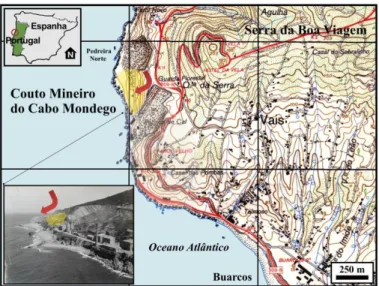 Figura  1.  Localização  do  Complexo  Mineiro  do  Cabo  Mondego  e  da  área  afetada pelo deslizamento de 1941