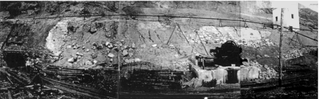 Figura 4. Fotomontagem mostrando o troço norte da frente de deslizamento de 24 de fevereiro de1941, dias  depois da ocorrência, quando a eletricidade e a bombagem já se encontravam restabelecidas
