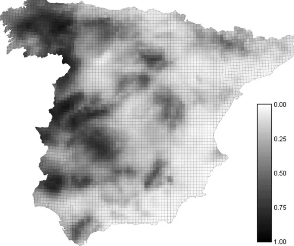 Fig. 3. Otter presence probability in each UTM 1010-km square of continental Spain, according to the logistic regression model obtained.