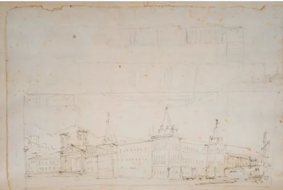 Fig. 6 – Filippo Juvarra, Pensiero para a veduta  do novo complexo real-patriarcal da Ribeira,  1717-1718, Torino, Biblioteca Nazionale  Universitaria, album Ris