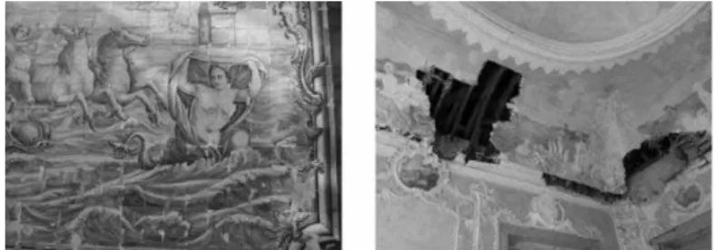 Fig. 10 – Pormenor de painel de azulejo da Cascata do Taveira, e pormenor do tecto da Casa da Pesca.