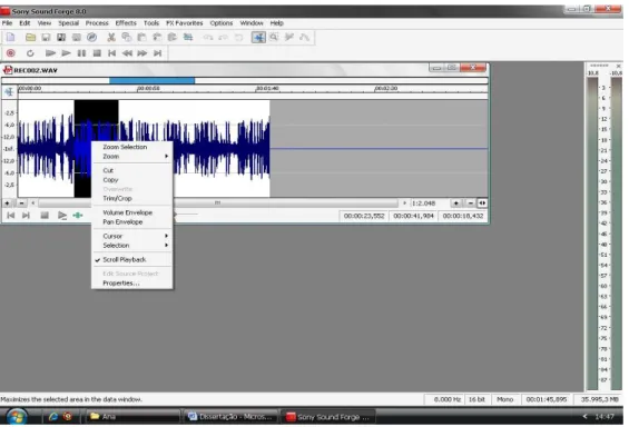 Figura 6: Tela do programa SONY SOUND FORGE 8.0 retratando o processo de edição das  amostras de fala 
