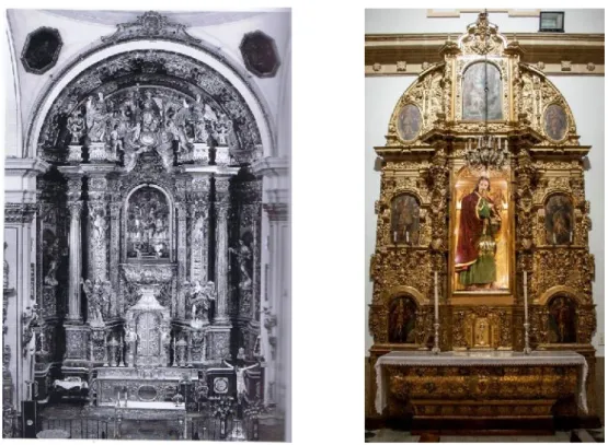 Fig. 1 (izq0.) y 2 (der.) - Retablo mayor, Murcia, templo de San Miguel, 1741, Nicolás y Francisco;