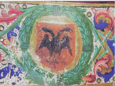 Fig. 7 – Bíblia (finais do século XV). Pormenor do escudo patente num fólio  do manuscrito