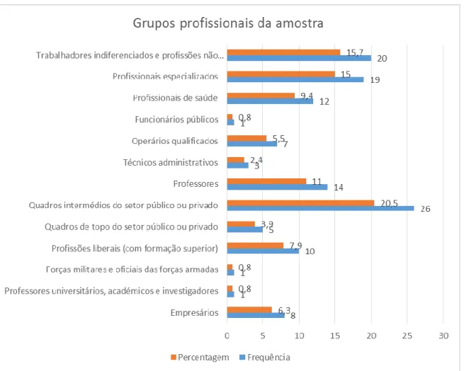 Figura 6 - Distribuição da amostra pelos grupos profissionais em percentagem e número (frequência)