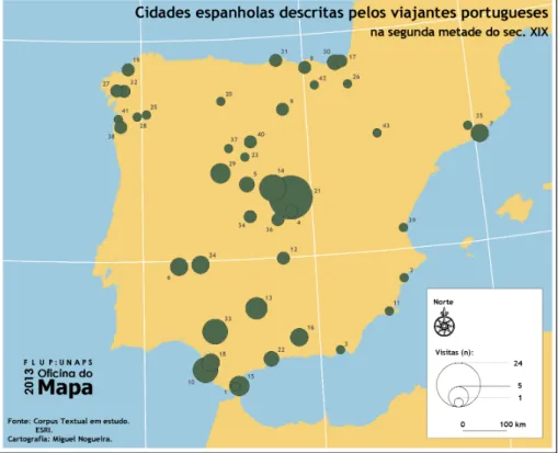 Fig. 1: Cidades espanholas visitadas pelos viajantes portugueses (1850-1900) Os métodos geocríticos permitiram-nos mais facilmente compreender que há um predomínio de referências, em primeiro lugar e à escala  regio-nal, às regiões de Castela e de Andaluzi