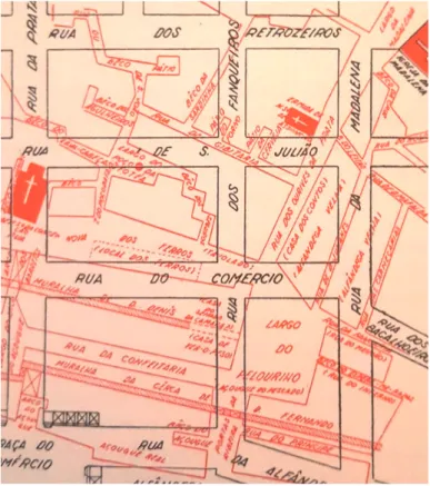 Figura 1. Ruas que desembocariam no Largo do Pelourinho  até 1755, a vermelho (SILVA, 1987, p.133).