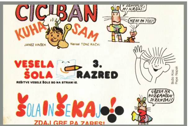 Fig. 1: Compilação de logotipos e ilustrações de várias secções da revista Ciciban entre 1985 e 1995,  retirados do volume referido no texto