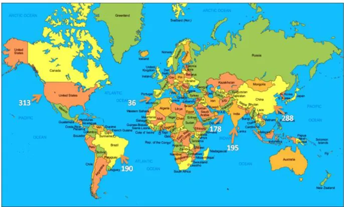 Figura 2 .  Distribuição do número de espécies de ácaros fitoseídeos pelos Estados Unidos, China, India, Brasil,  Paquistão e Portugal Continental (Fonte: Demite et al., 2014; mapas.blog.blogspot.com, 2019)