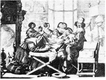 FIGURA 11 – Bélgica, sec. XVII. Um novo personagem entra no tradicional cenário do parto: o  médico com sua caixa contendo o fórceps