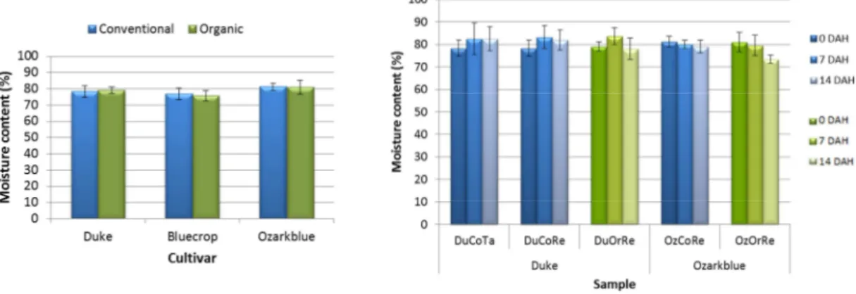 Figure 3 – (Left) Moisture content of the fresh blueberries. (Right) Moisture content of the blueberries upon  harvesting and along conservation (Coding: Cultivar: Du=Duke, Bl=Bluecrop, Oz=Ozarkblue; Production mode: 