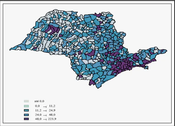 Figura 2 – Mapa de São Paulo – Taxa média de homicídios 2002/2004 – população total. 