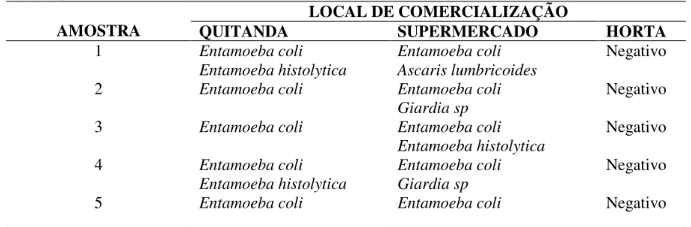 Tabela 1. Presença de parasitos e/ou comensais em alfaces (Lactuca sativa) comercializadas no município de  Quatá, São Paulo