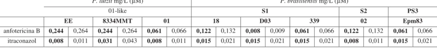 Tabela 2:   Teste de sensibilidade por micrométodo do complexo Paracoccidioides: valores de CIM de anfotericina B e itraconazol em mg/L e μM